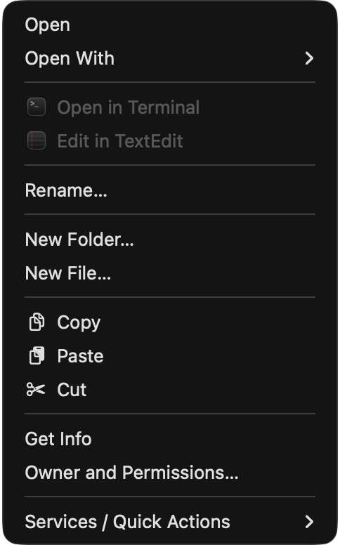 The Mac Explorer context menu with file operations, creation, info, and Services and Quick Actions