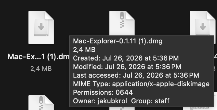 Hover tooltip over a .dmg file showing its size, created, modified and last accessed dates, MIME type, permissions and owner