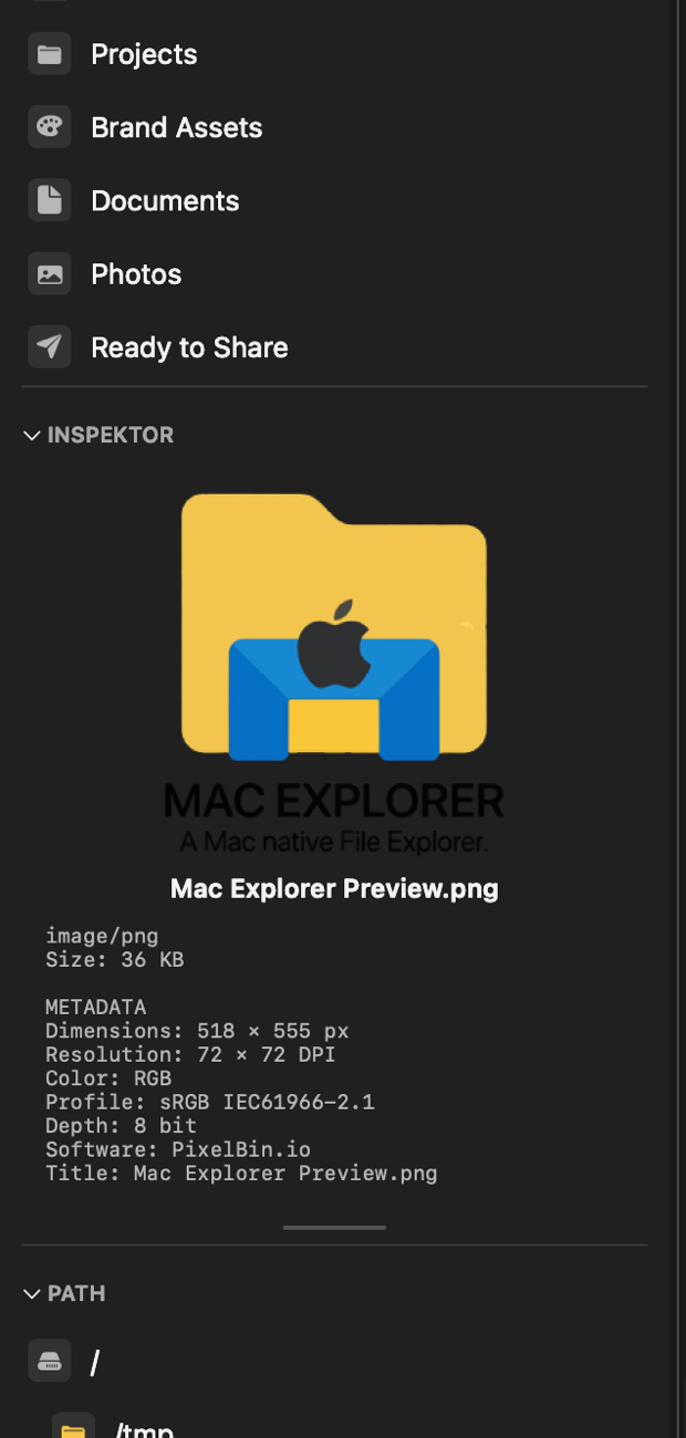 The Inspector panel with a large image preview and metadata: MIME, size, dimensions and color profile