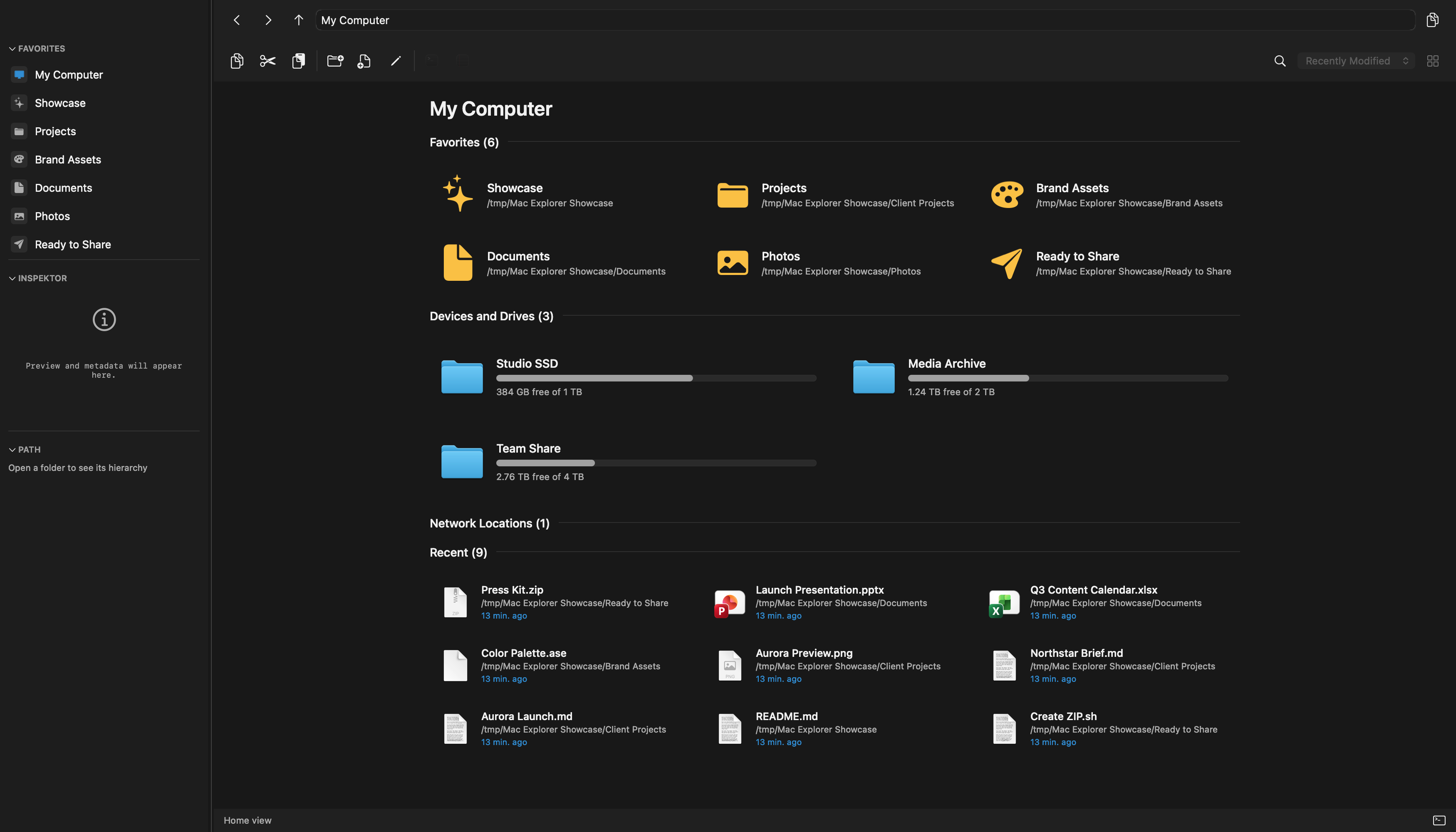 Mac Explorer: the “My Computer” start screen with favorites, drives and recently used files