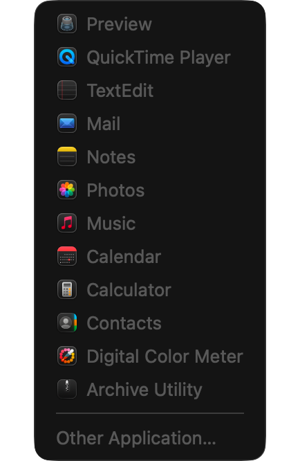 The Open With submenu with icons of installed apps in Mac Explorer