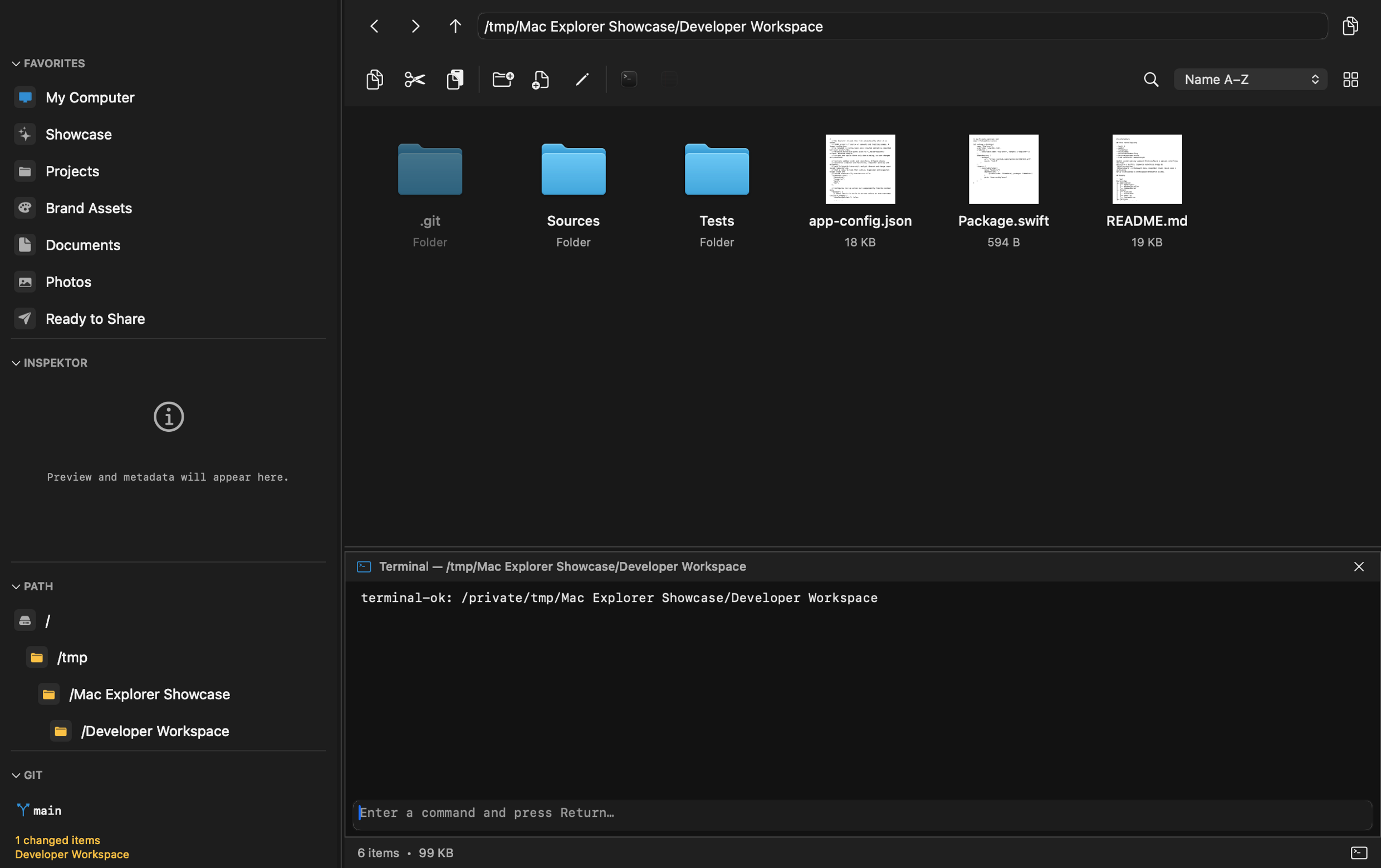 Mac Explorer with the bottom terminal open and a Git panel showing the main branch